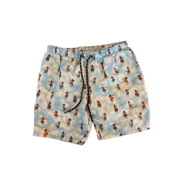 Distortion  NWT, UPF, 50 mins, blue, Hawaiian girl, print swim trunks, size medi - Picture 1 of 5